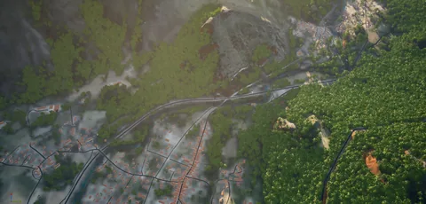 Le bourg, la rivière et les routes vus à 2 km